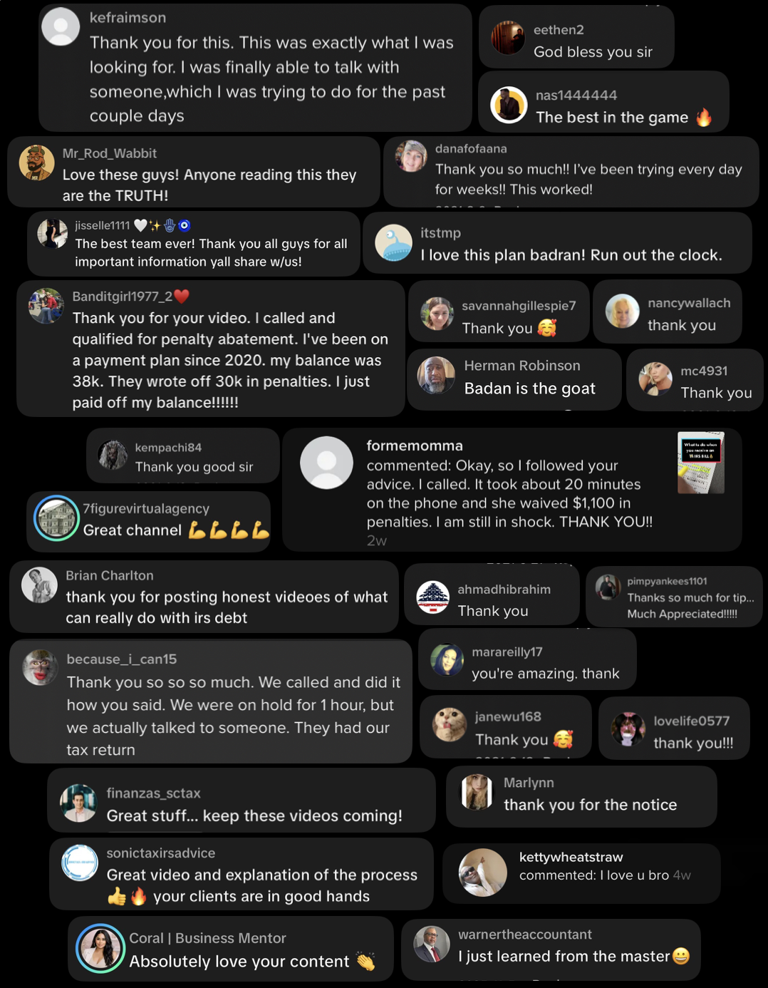 Public comments from DIY viewers thanking Badran for IRS guidance that worked